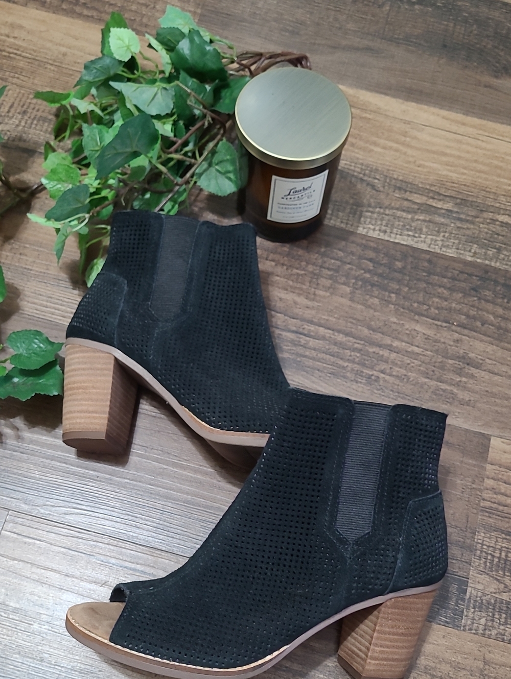Toms Majorca Black Peep Toe Perforated Suede Bootie